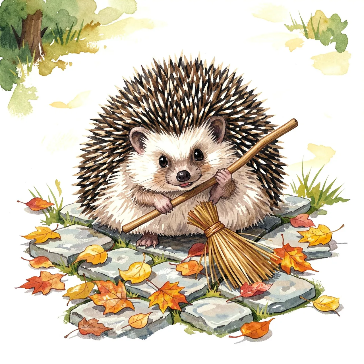 A cute gouache hedgehog holds a small straw broom to sweep fallen autumn leaves off a stone garden path