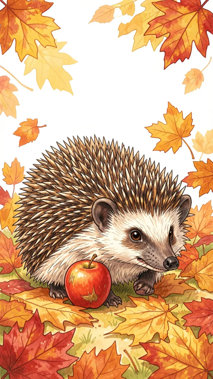 A hedgehog rests beside a red apple surrounded by falling and scattered autumn maple leaves