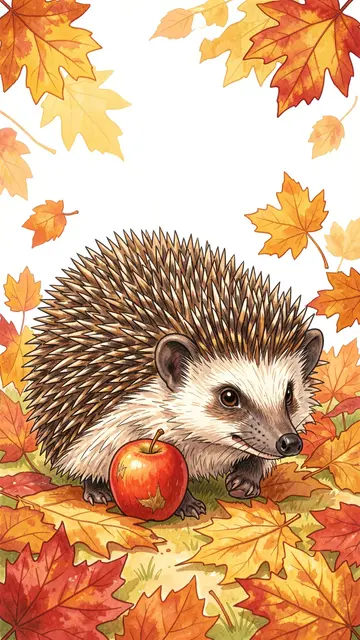 A hedgehog rests beside a red apple surrounded by falling and scattered autumn maple leaves