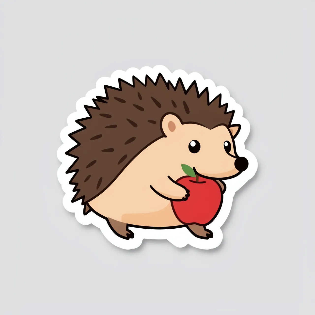 Cute die-cut sticker illustration of a hedgehog holding a red apple on a light gray background