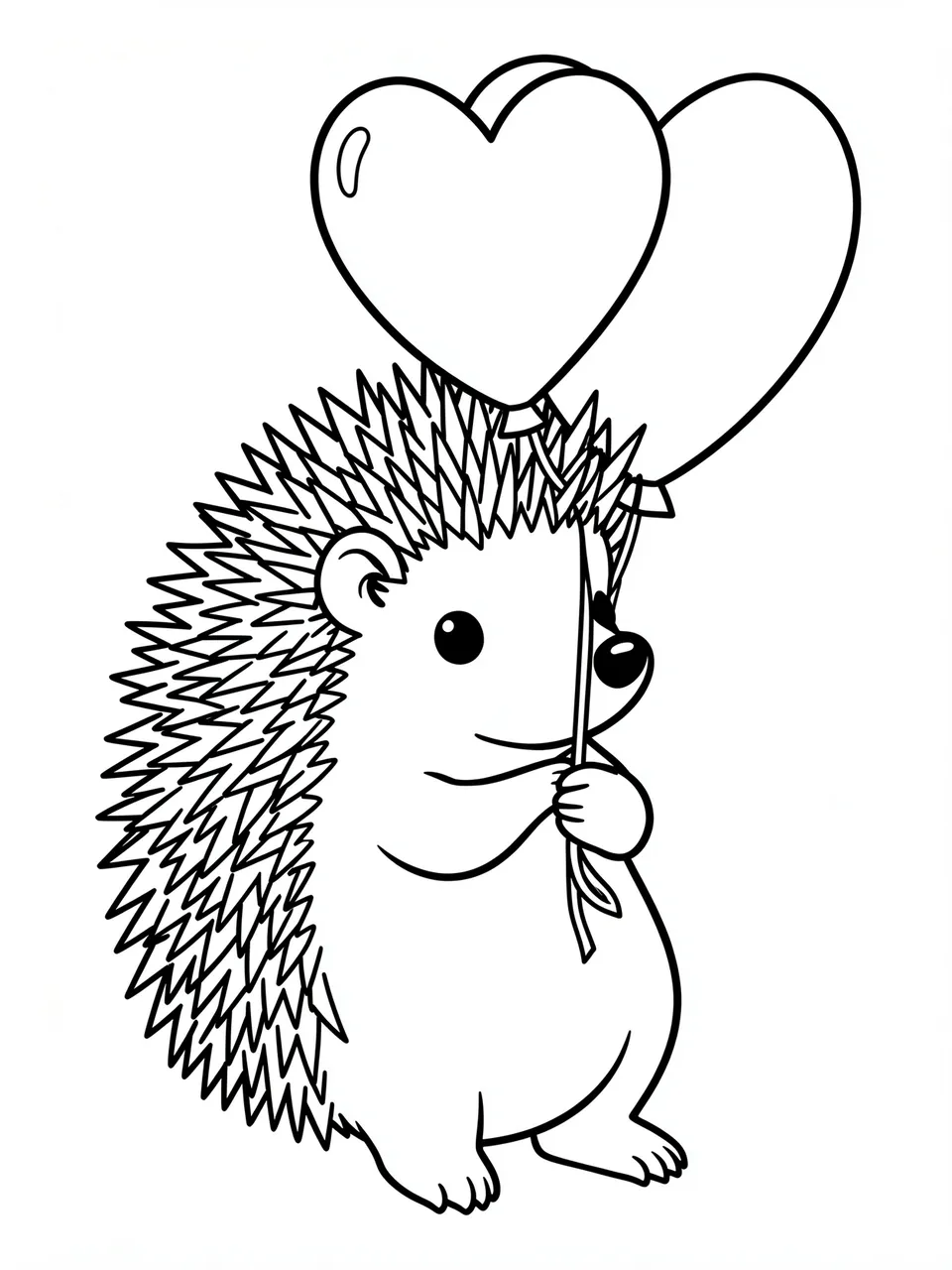 Black and white line art of a cute hedgehog holding two heart-shaped balloons on a plain white background