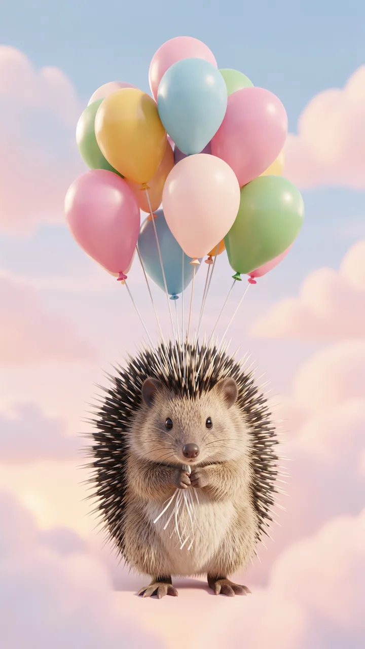 A cute 3D rendered hedgehog stands holding a cluster of pastel balloons against a soft pastel sky with clouds