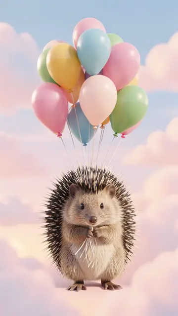 A cute 3D rendered hedgehog stands holding a cluster of pastel balloons against a soft pastel sky with clouds