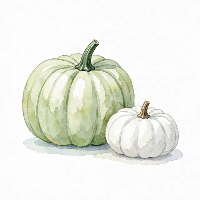 Loose watercolor painting of a pale green heirloom pumpkin beside a small white pumpkin on white paper