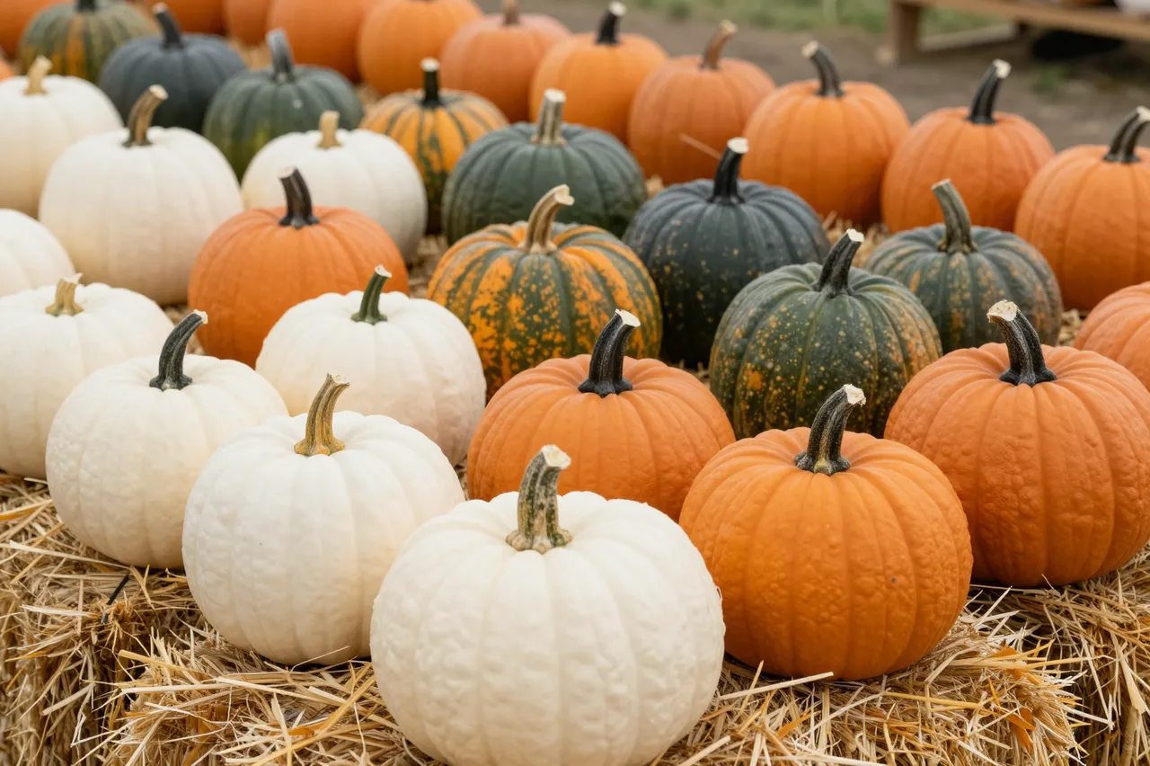 Rows of white, orange and green heirloom pumpkins arranged on straw hay at a farm market