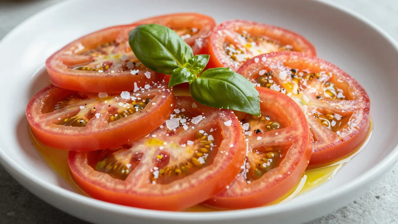 Sliced heirloom tomatoes with fresh basil, olive oil and flaky salt arranged on a white plate