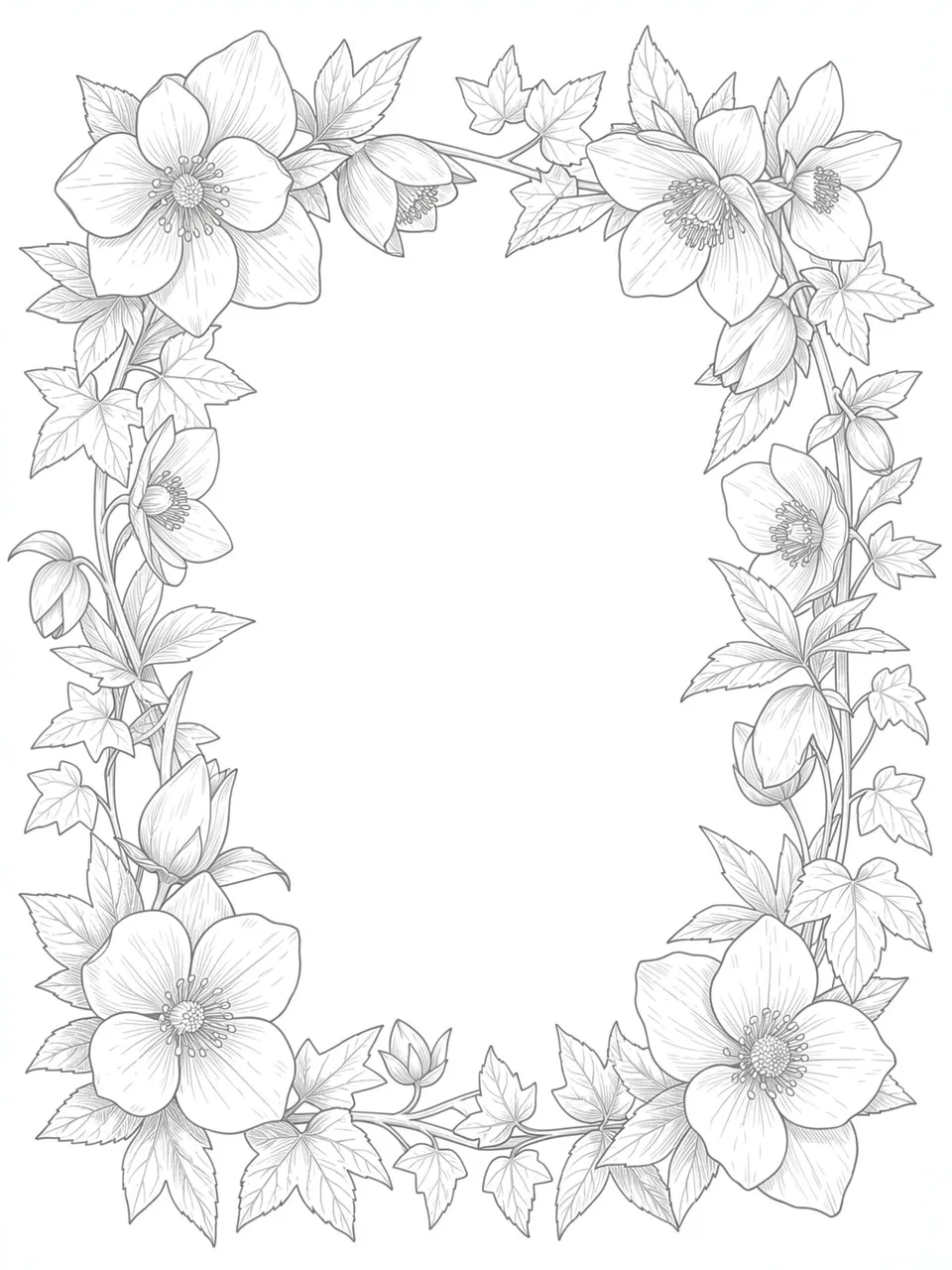 Soft gray ink botanical line art frame of hellebores and ivy surrounds an empty white center