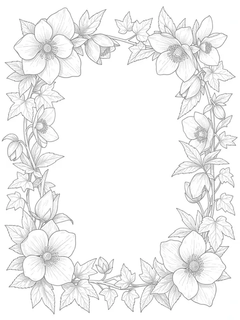 Soft gray ink botanical line art frame of hellebores and ivy surrounds an empty white center