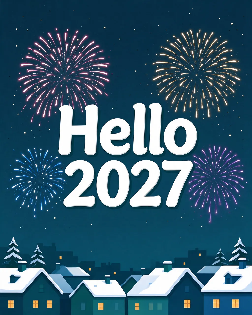 Bold white 'Hello 2027' text sits above snowy rooftops and colorful fireworks in a dark teal starry night sky
