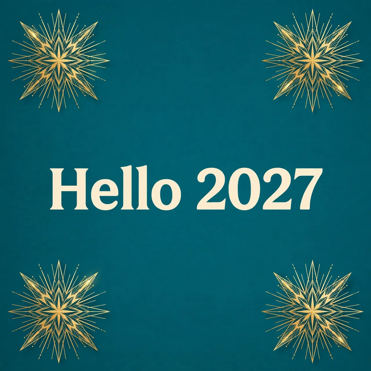 Centered cream text reading "Hello 2027" sits on a teal background with gold geometric starbursts in each corner.