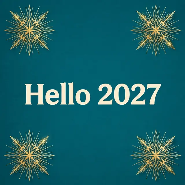 Centered cream text reading "Hello 2027" sits on a teal background with gold geometric starbursts in each corner.