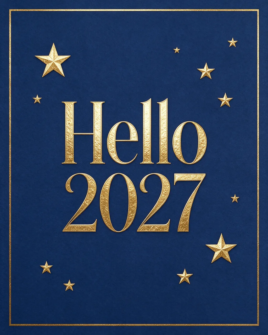 Navy blue background with thin gold frame, gold foil stars, and centered raised 'Hello 2027' art deco text