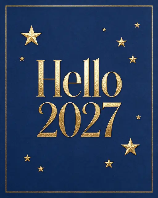 Navy blue background with thin gold frame, gold foil stars, and centered raised 'Hello 2027' art deco text