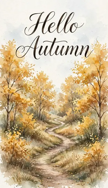 Watercolor winding country autumn path framed by golden trees with elegant dark script reading "Hello Autumn"