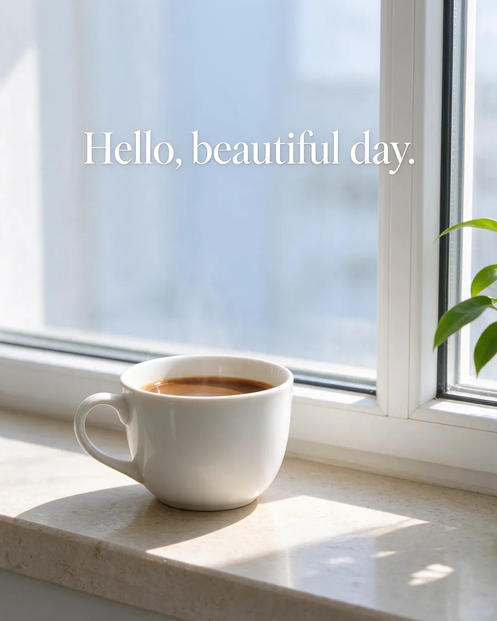 A white coffee cup sits on a sunny windowsill with the text "Hello, beautiful day." overlaid above it.