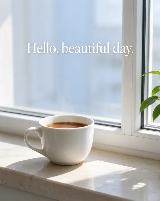 A white coffee cup sits on a sunny windowsill with the text "Hello, beautiful day." overlaid above it.