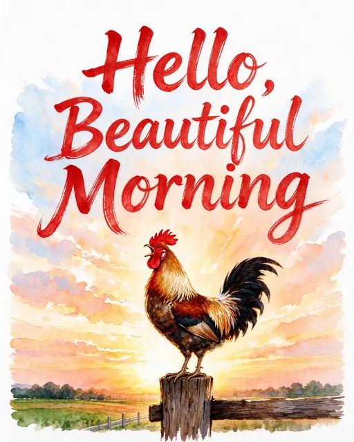 Watercolor painting showing "Hello, Beautiful Morning" red brush lettering above a crowing rooster on a fence post at