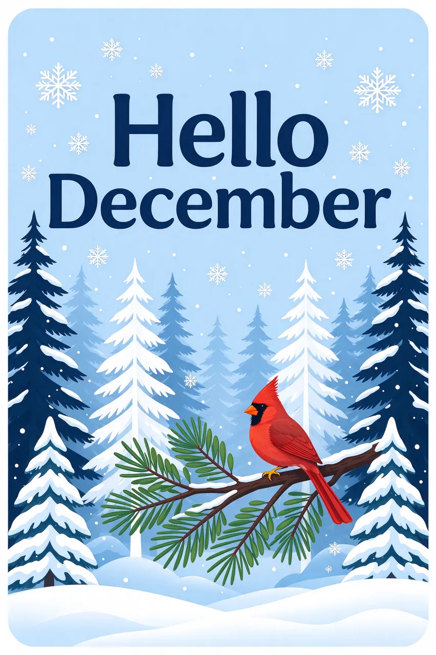 "Hello December" text with a red cardinal on a pine branch, snowy pine trees and falling snowflakes on a pale blue background