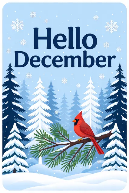 "Hello December" text with a red cardinal on a pine branch, snowy pine trees and falling snowflakes on a pale blue background