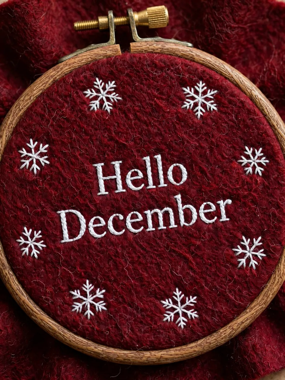 Wooden embroidery hoop with white stitched "Hello December" text and snowflakes on dark red wool felt