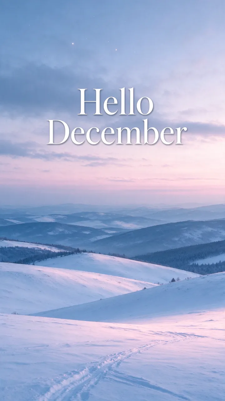 Soft winter dawn over snowy hills with white serif text reading "Hello December"