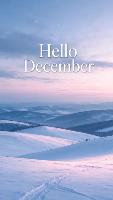 Soft winter dawn over snowy hills with white serif text reading "Hello December"