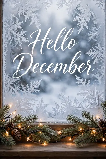 "Hello December" script text over a frosted window with pine branches and warm fairy lights on the sill