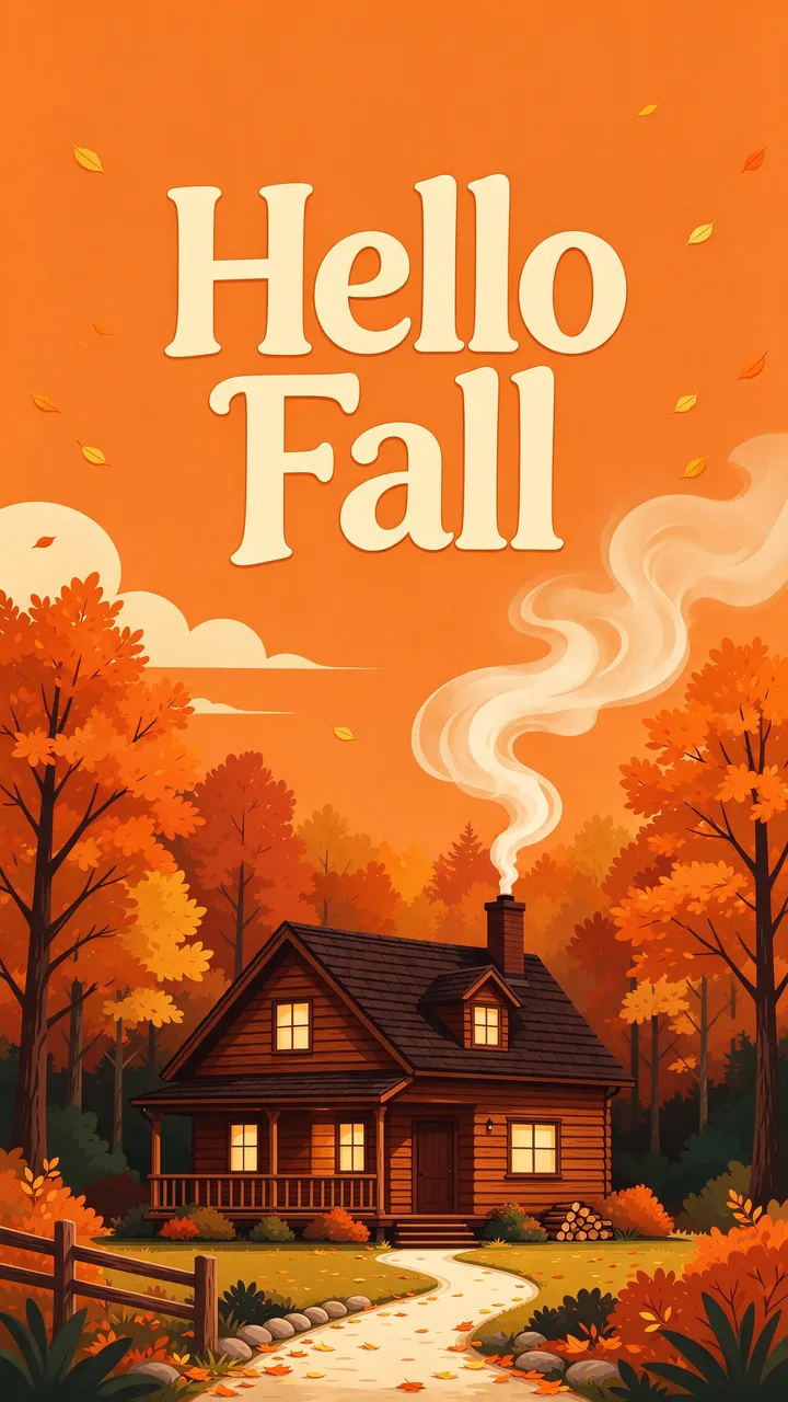 Cozy autumn cabin illustration with curling chimney smoke and bold cream 'Hello Fall' text on an orange sky.