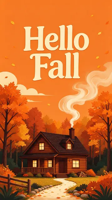 Cozy autumn cabin illustration with curling chimney smoke and bold cream 'Hello Fall' text on an orange sky.