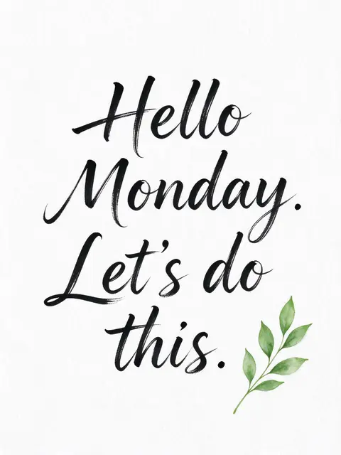 Black brush lettering reading "Hello Monday. Let's do this." sits on white watercolor paper beside a small green leaf sprig.