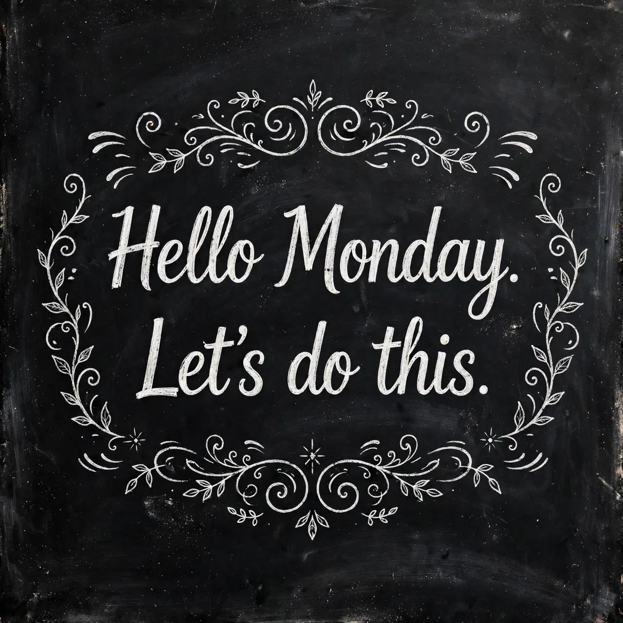 White chalk lettering reading "Hello Monday. Let's do this." surrounded by decorative flourishes on a dark chalkboard