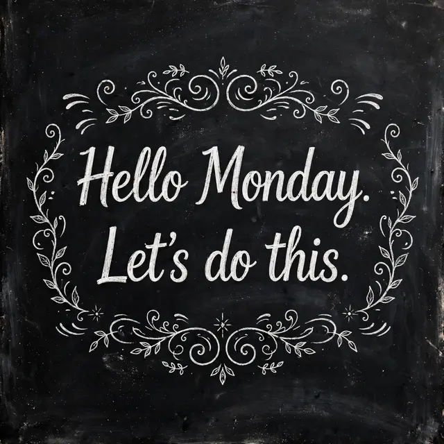 White chalk lettering reading "Hello Monday. Let's do this." surrounded by decorative flourishes on a dark chalkboard