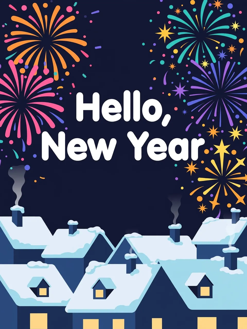 Bold white rounded text "Hello, New Year" sits between colorful fireworks above snow-covered rooftops at dark night