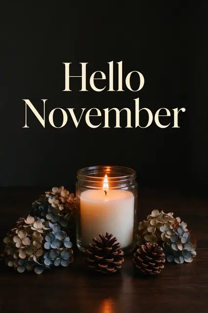 "Hello November" cream serif text above a lit candle, dried hydrangeas and pinecones on a dark wooden table