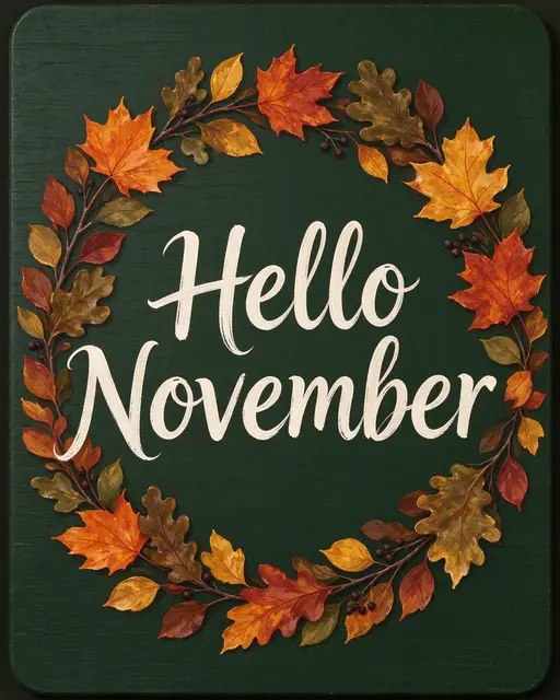 White hand lettering reading "Hello November" centered inside an autumn leaf wreath on dark green wood