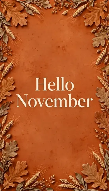 Vertical warm rust orange wallpaper with a dried oak leaf and wheat border and cream serif text reading "Hello November"