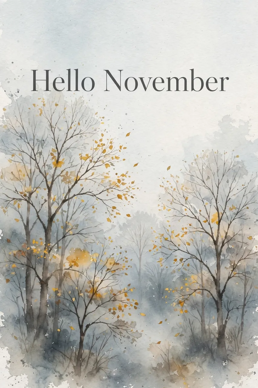 Soft watercolor of misty autumn trees with the text "Hello November" in the pale overcast sky