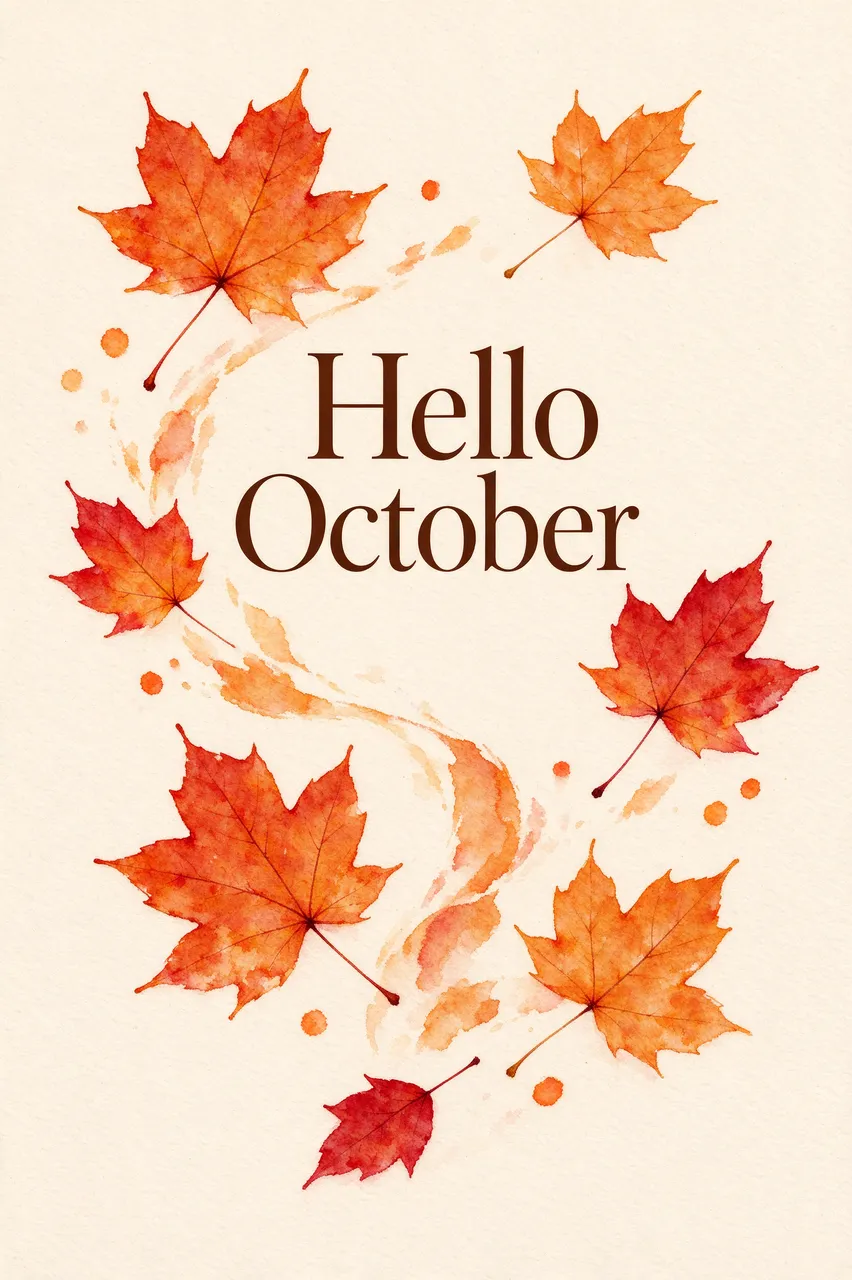 Watercolor illustration of drifting orange and red maple leaves with the text "Hello October" on a cream background
