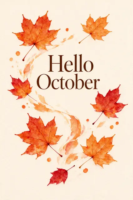 Watercolor illustration of drifting orange and red maple leaves with the text "Hello October" on a cream background