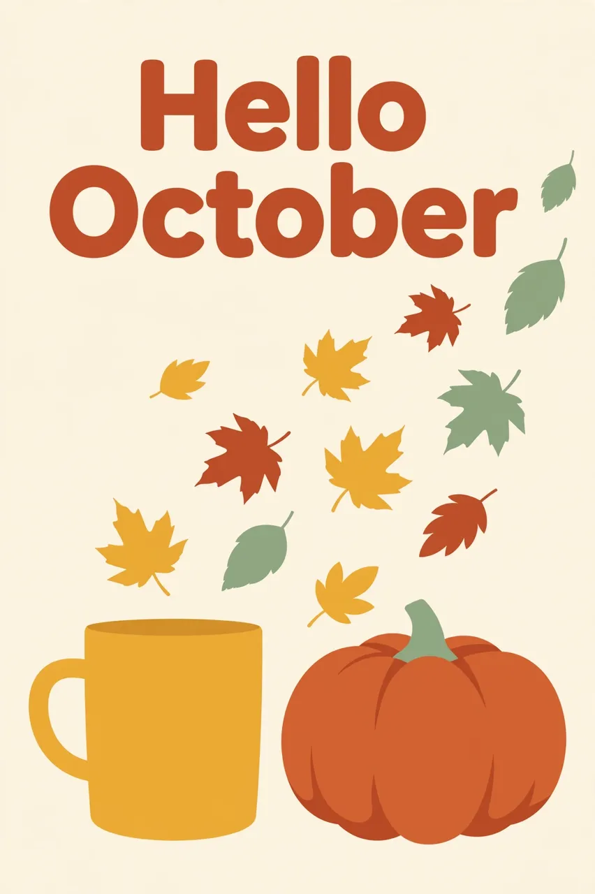Flat vector illustration showing the text "Hello October" above a mustard mug, rust pumpkin and falling autumn leaves on a