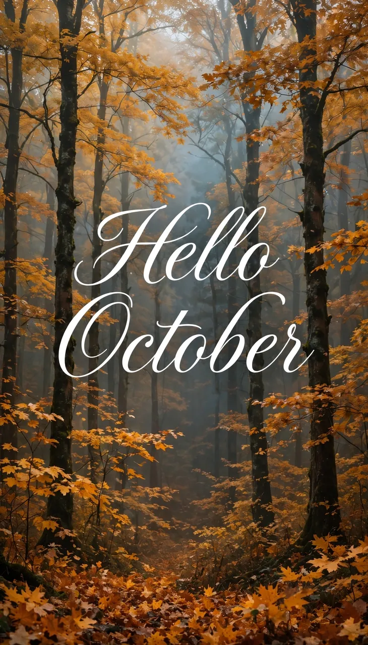 Elegant white script text "Hello October" centered over a misty golden autumn forest wallpaper