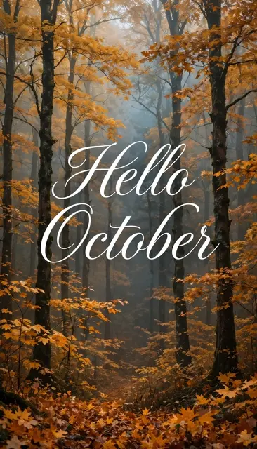 Elegant white script text "Hello October" centered over a misty golden autumn forest wallpaper