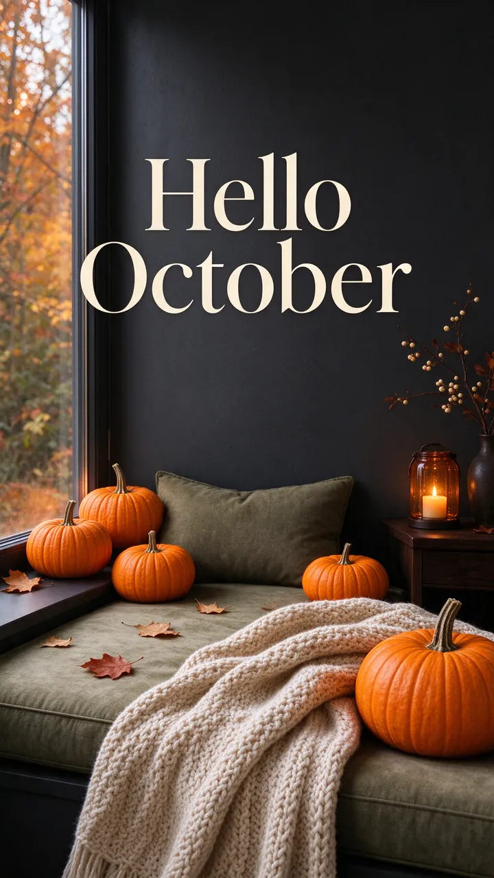"Hello October" in cream serif type above a cozy fall window seat with pumpkins, knit blanket and autumn leaves.