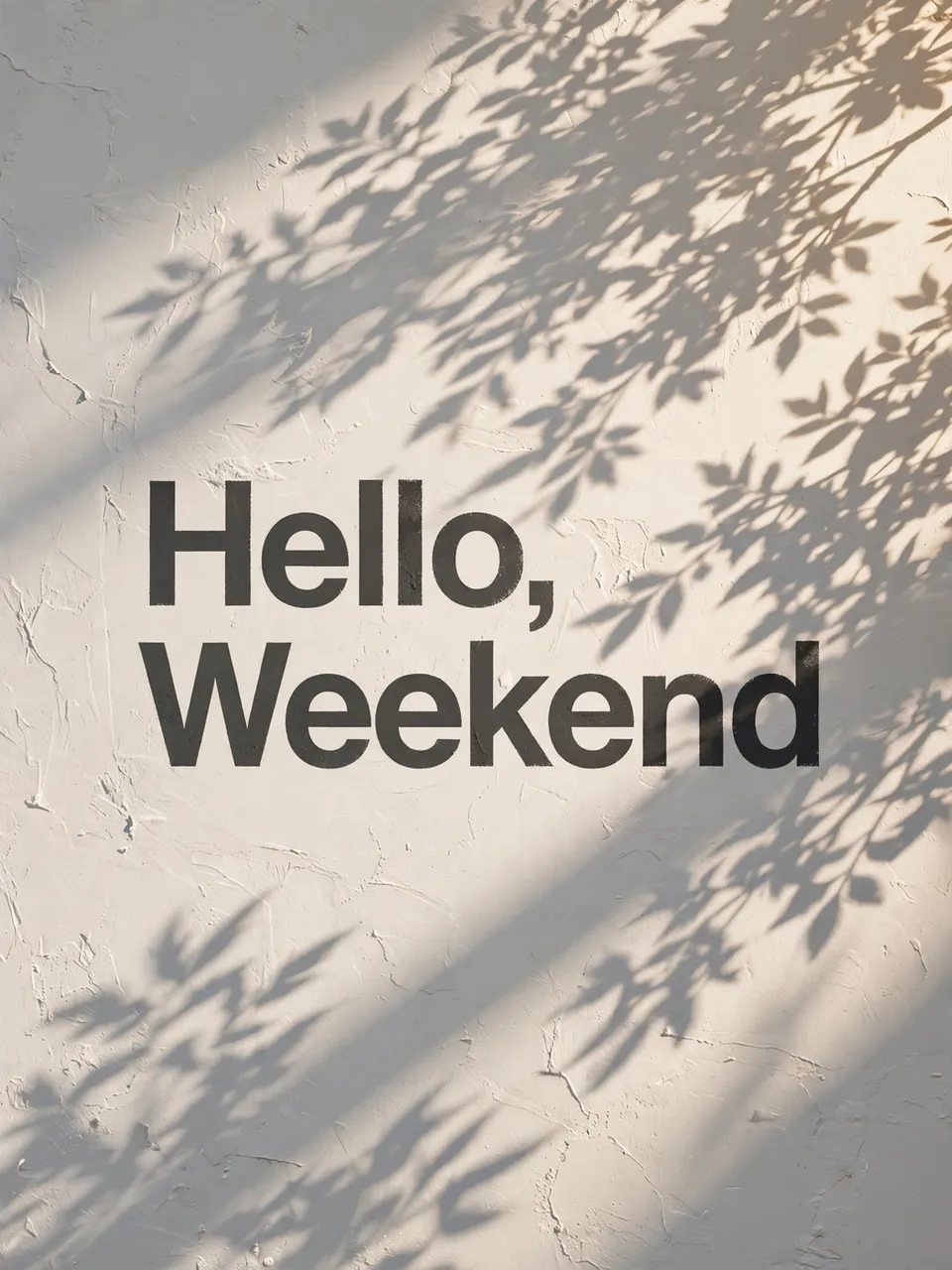 "Hello, Weekend" text printed on a sunlit textured white wall with dappled plant leaf shadows