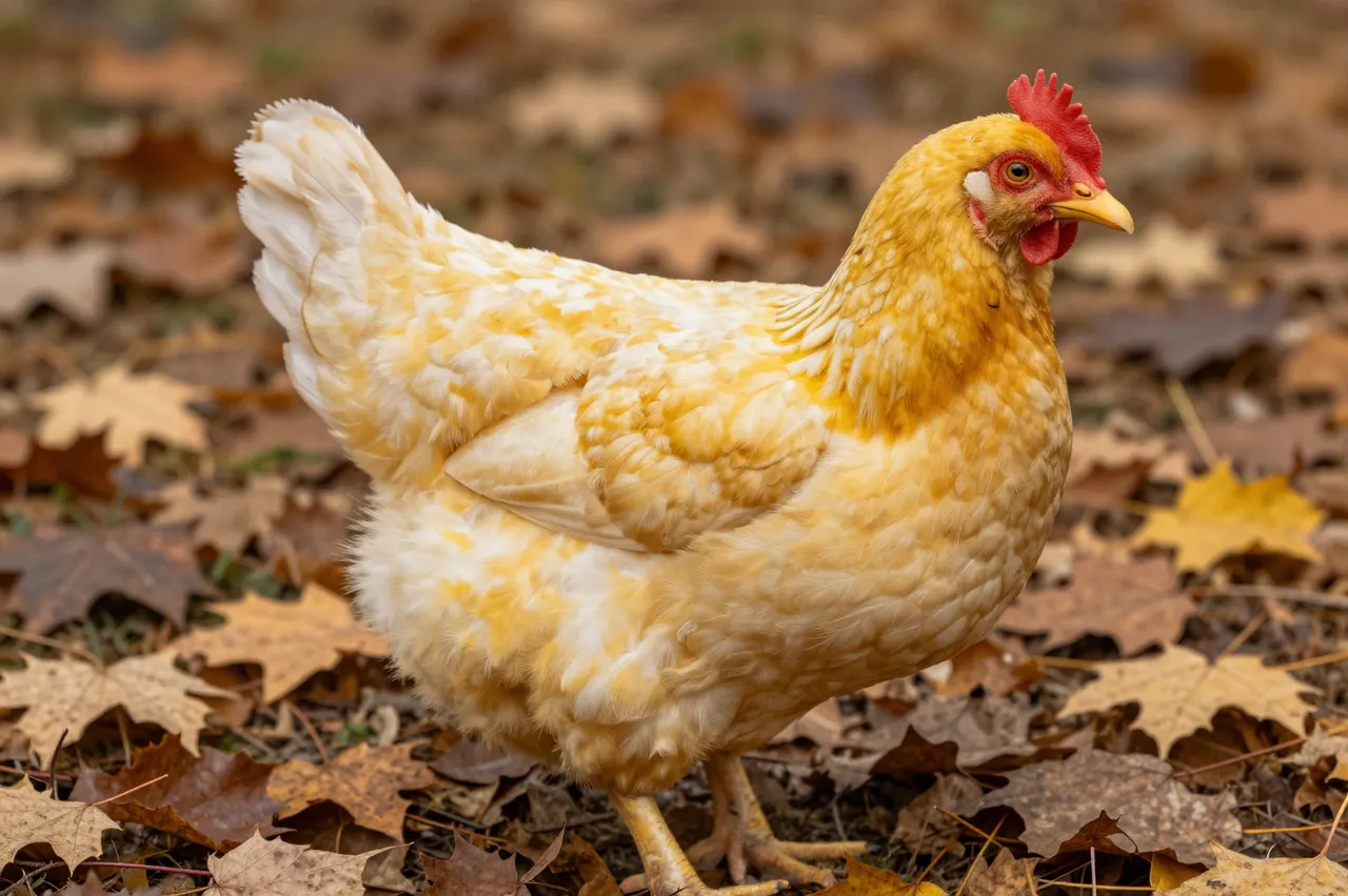 A light yellow and white hen stands on a bed of fallen autumn maple leaves.