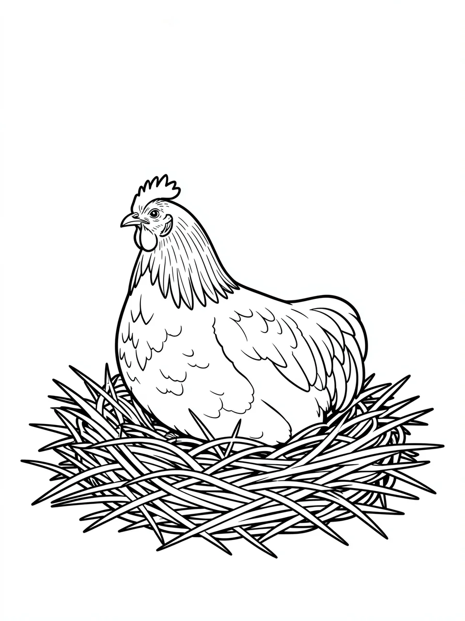Bold black and white line art of a hen sitting on a straw nest against a plain white background