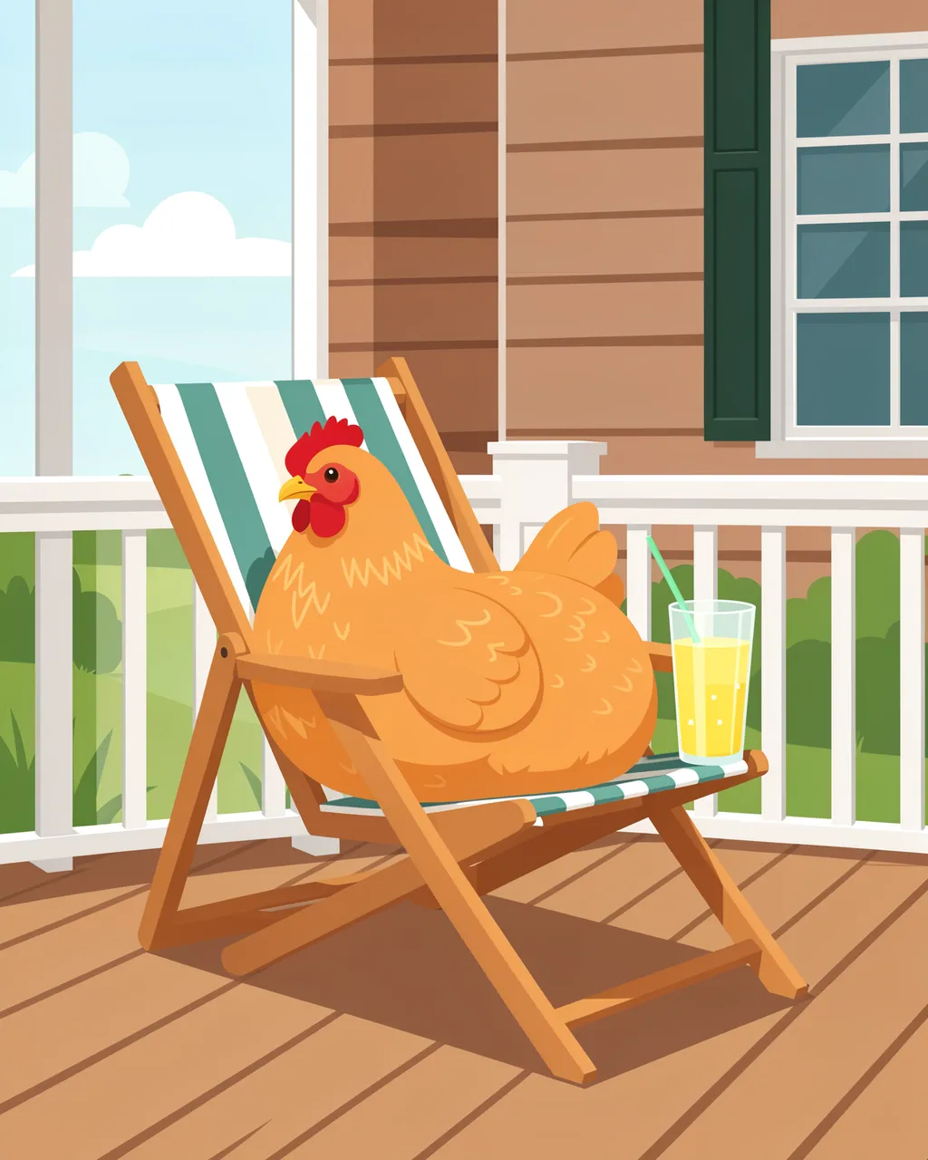 A cute orange hen sits in a striped deck chair on a wooden farmhouse porch beside a glass of lemonade.