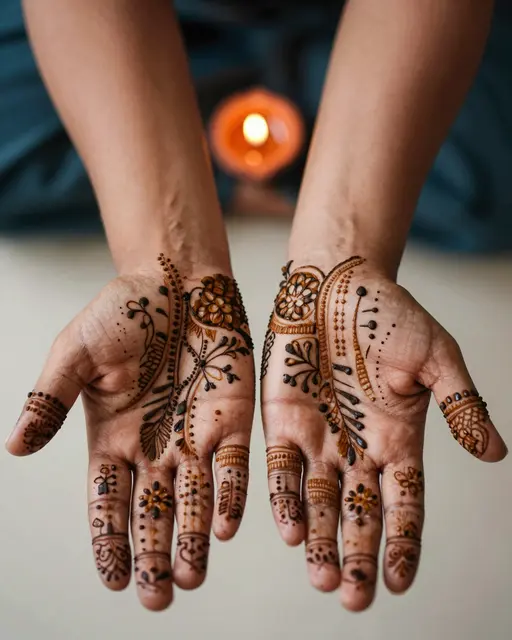 Open henna-decorated palms are held forward with a soft focus lit diya in the background
