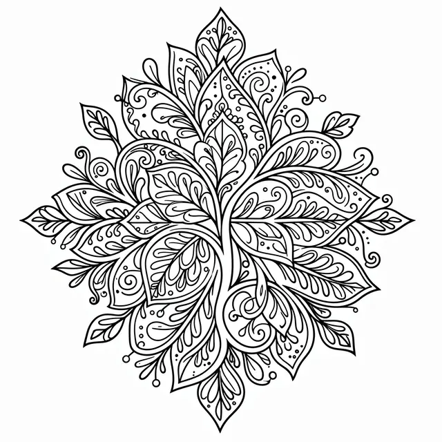 Black and white line art of an intricate henna-style symmetrical motif of vines, petals and dots on a plain white background