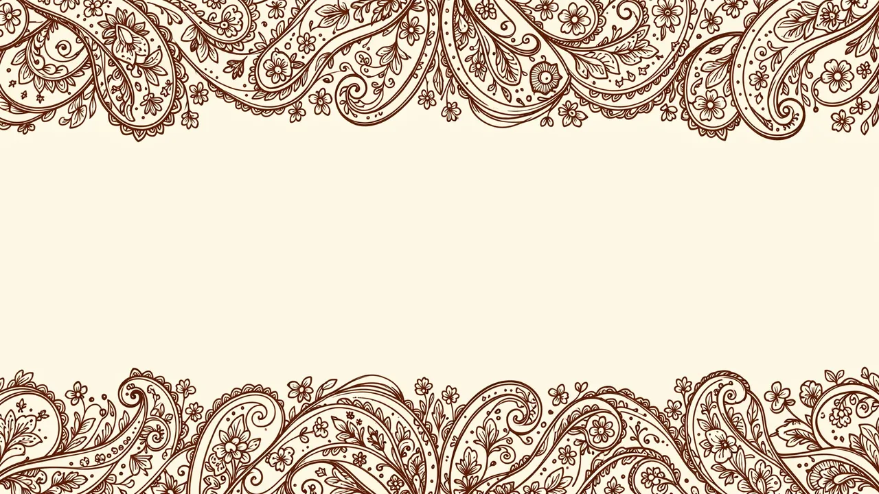 Intricate brown paisley and tiny flower borders run along the top and bottom of a solid cream background